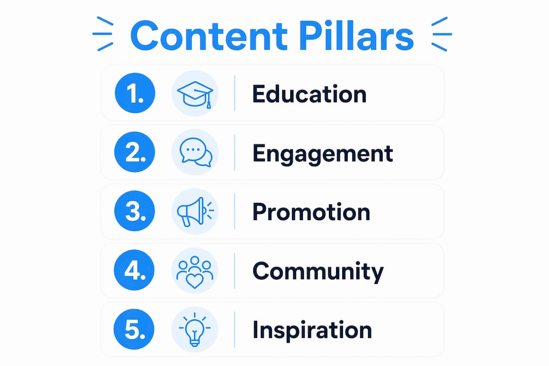 Infographic showing social media content pillars in a vertical flow