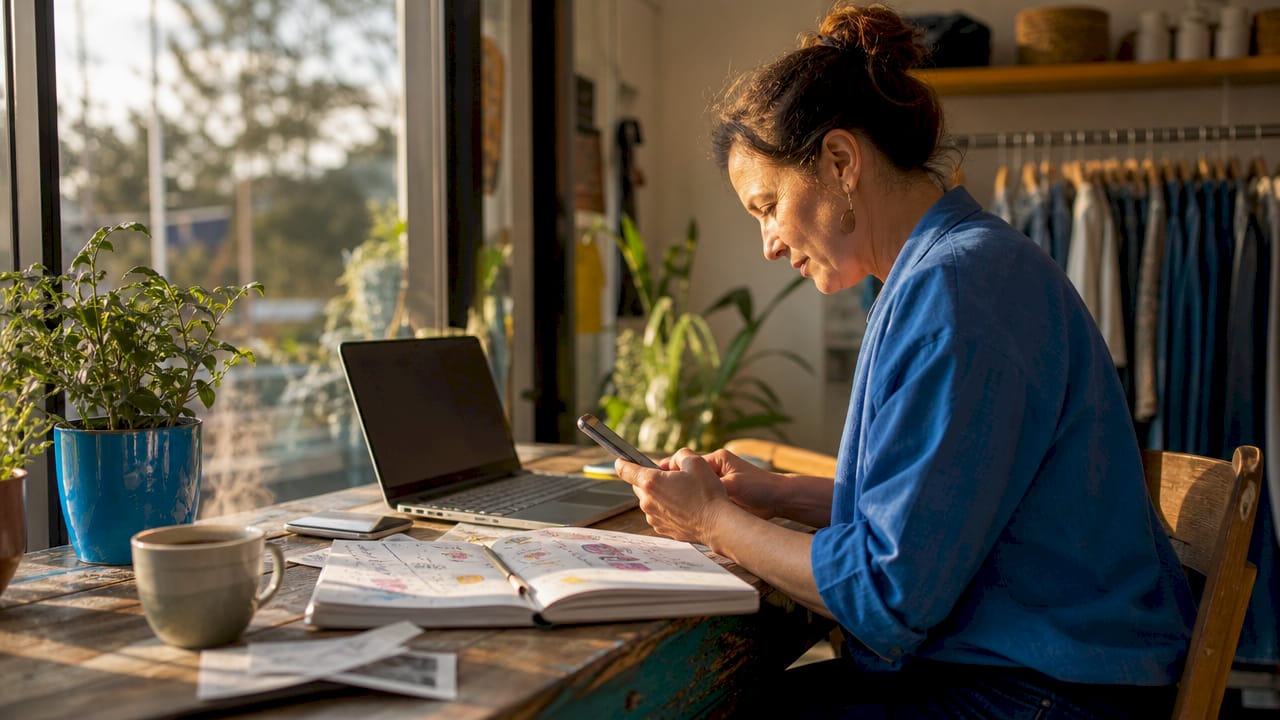 Local business owner managing social media on phone and laptop