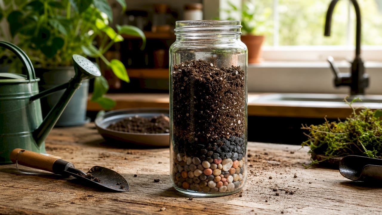 Close-up of substrate layers in jar garden