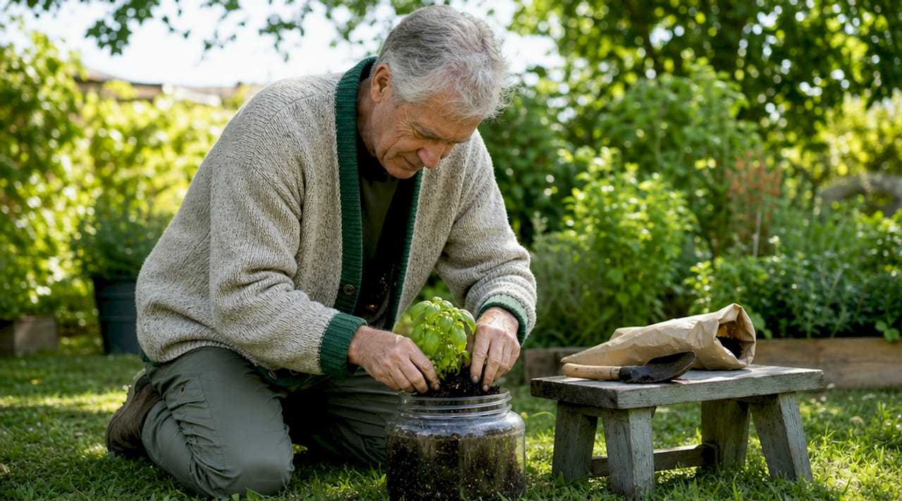 Hands planting basil seedlings in soil mason jar garden
