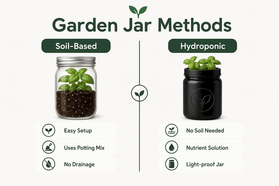 Infographic comparing soil-based and hydroponic garden jars