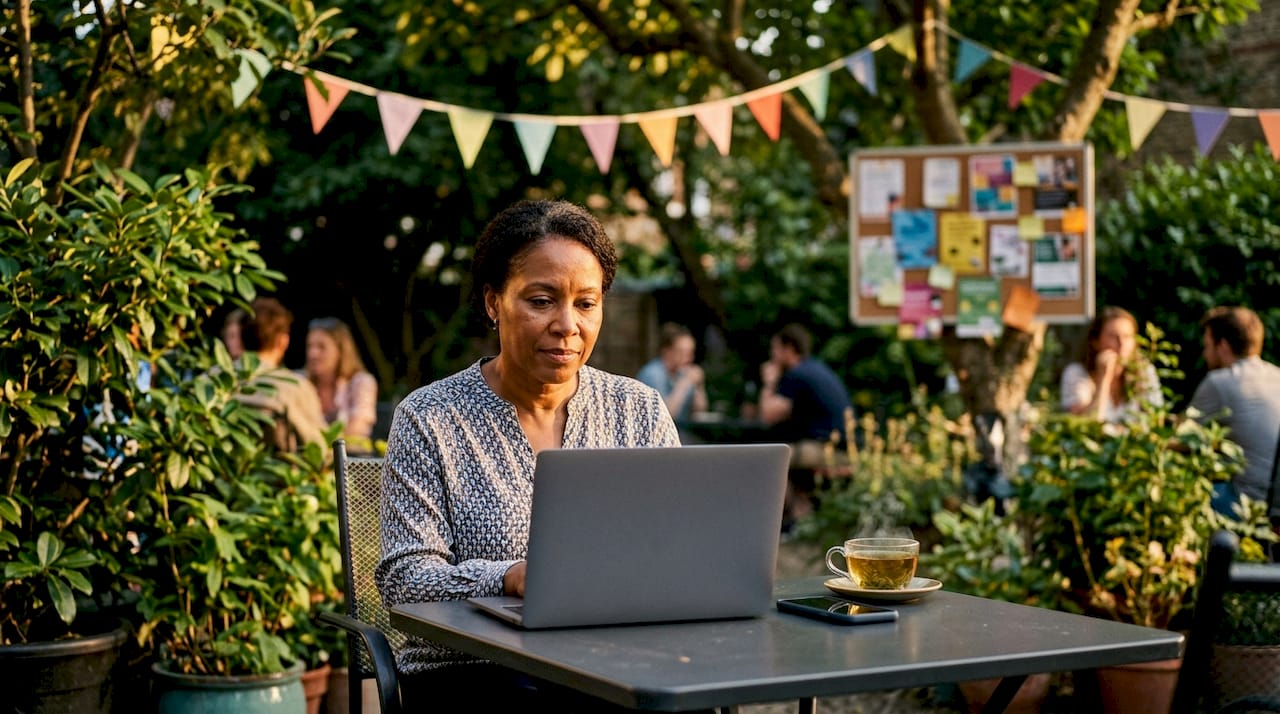 Woman typing on laptop in caf&eacute;, planning social media recognition