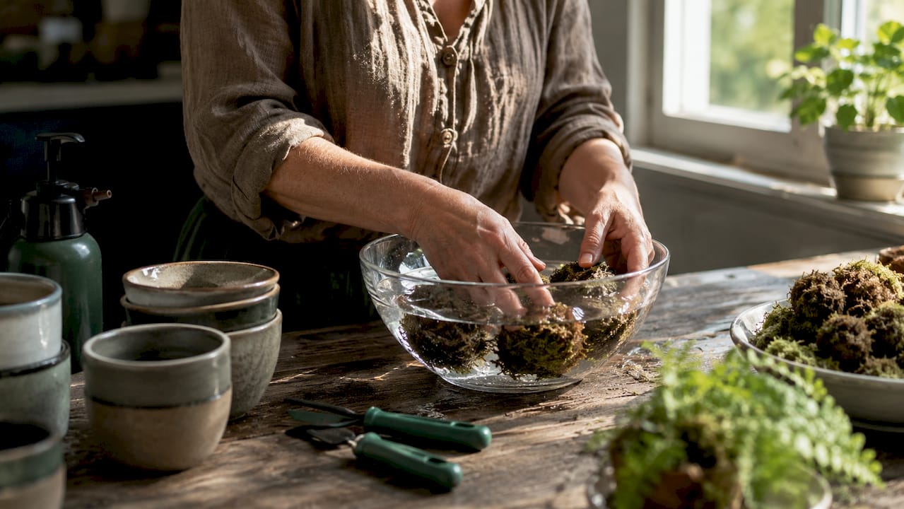 Hands soaking moss balls in water bowl