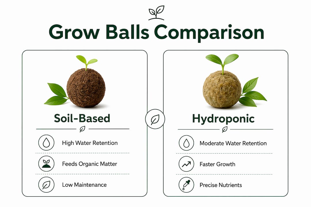 Infographic comparing soil-based and hydroponic grow balls