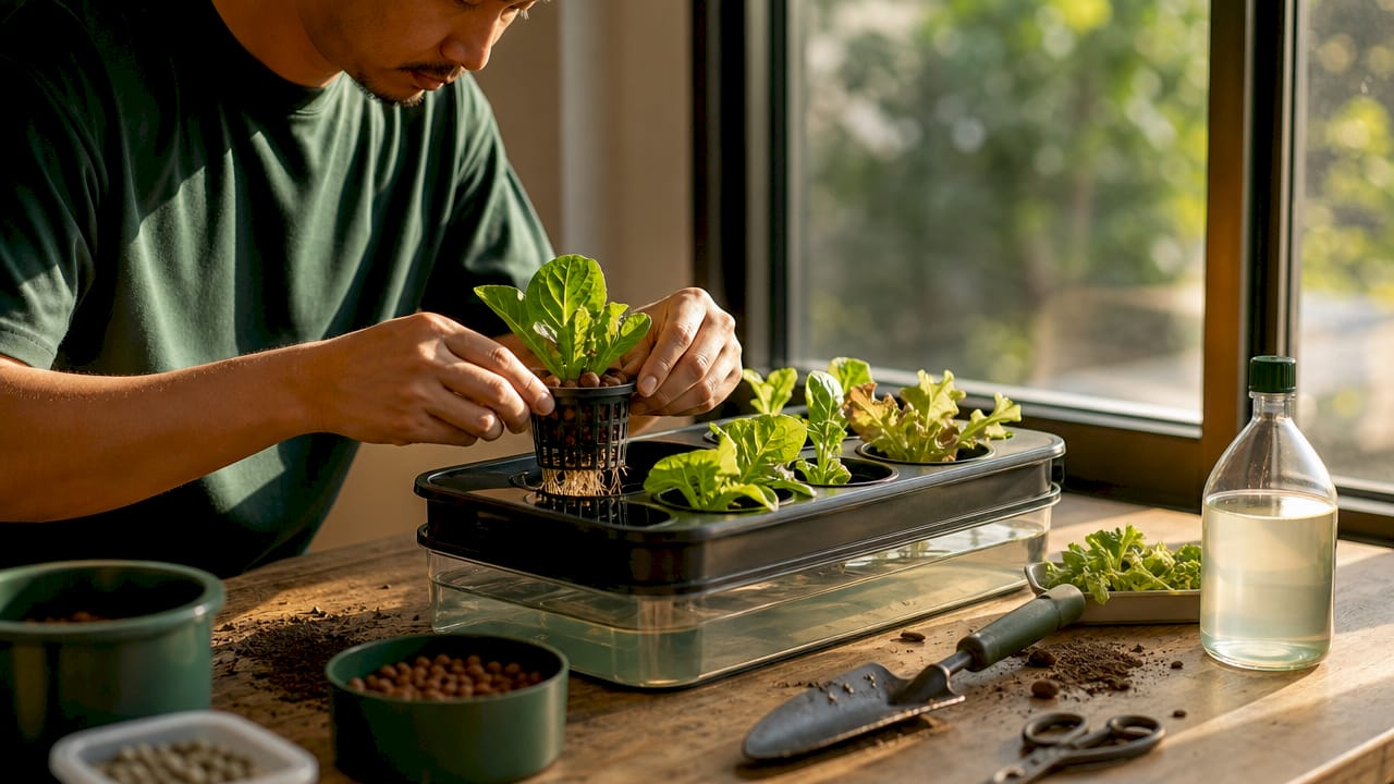 Hands assembling passive hydroponic seedlings indoors