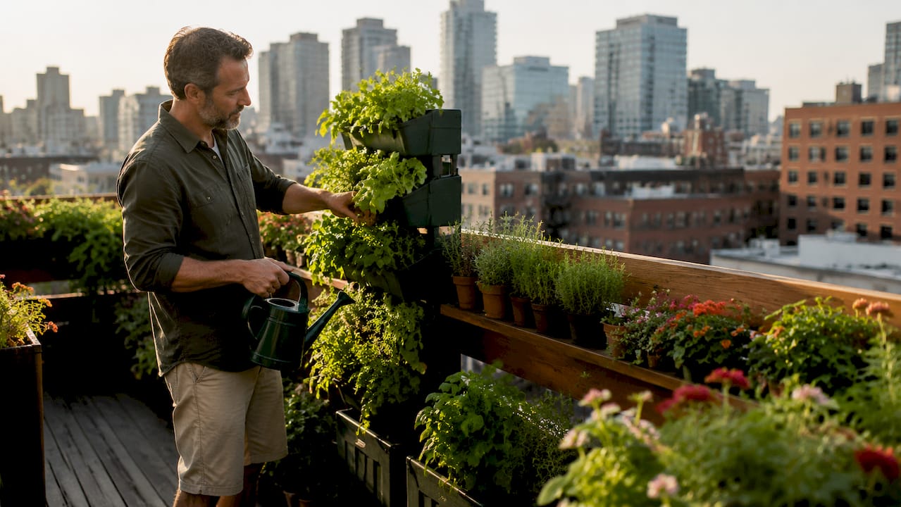 Man arranging plants on high-rise balcony garden