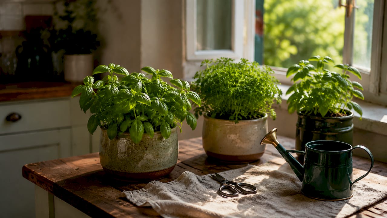Indoor basil and parsley herb pots on kitchen counter