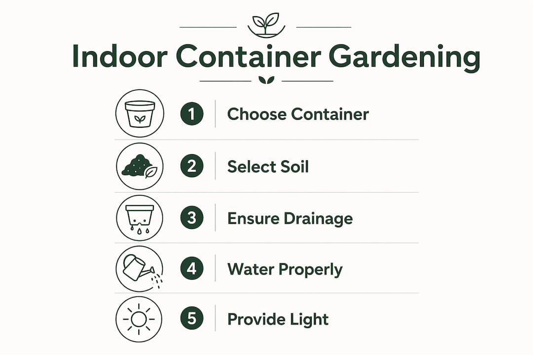 Infographic outlining steps for indoor container gardening