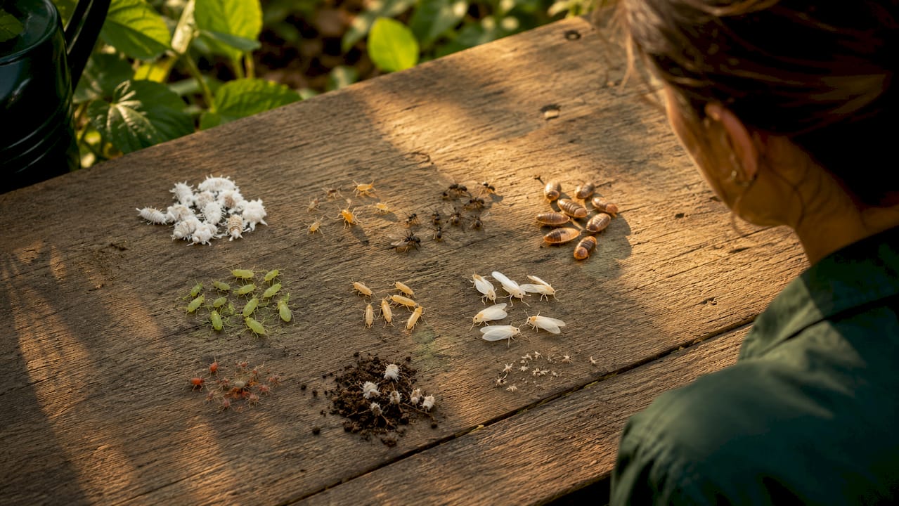 Close-up assortment of ten common plant pests
