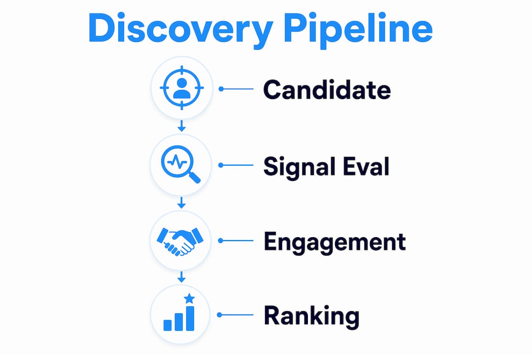 Infographic illustrating four-stage social media discovery pipeline
