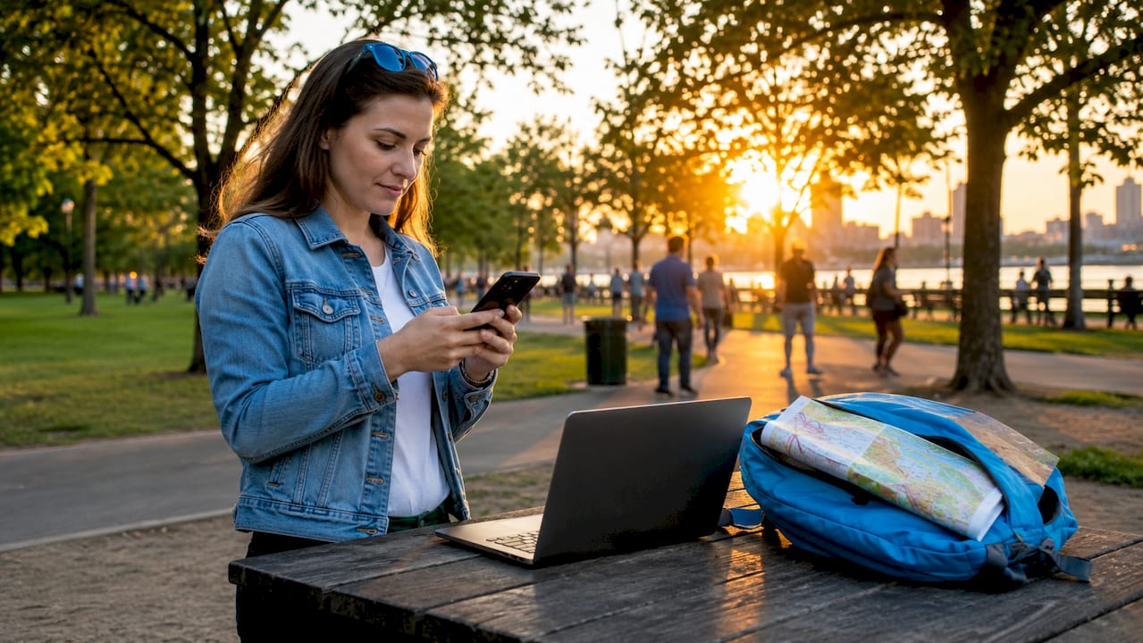 Woman managing local social media posts at desk