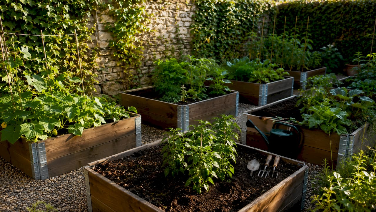 Close-up modular raised garden beds with plants