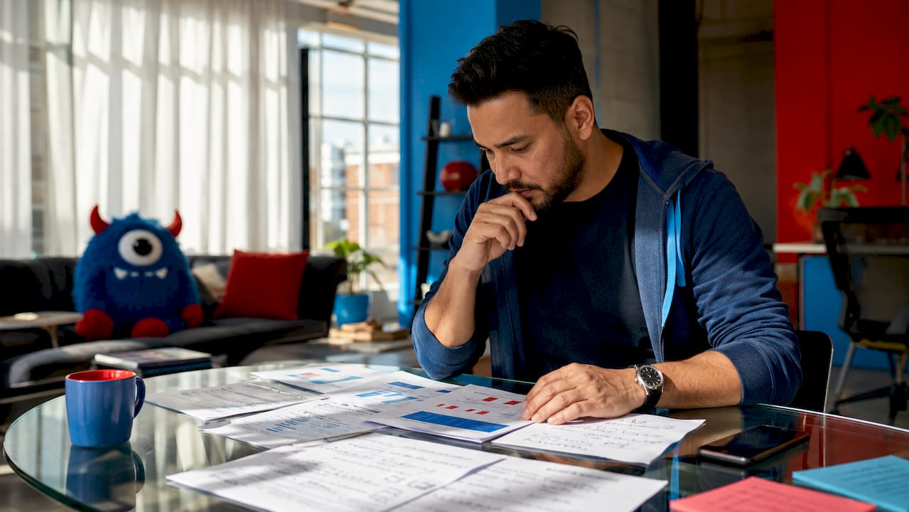 Marketer analyzing social media test reports at desk