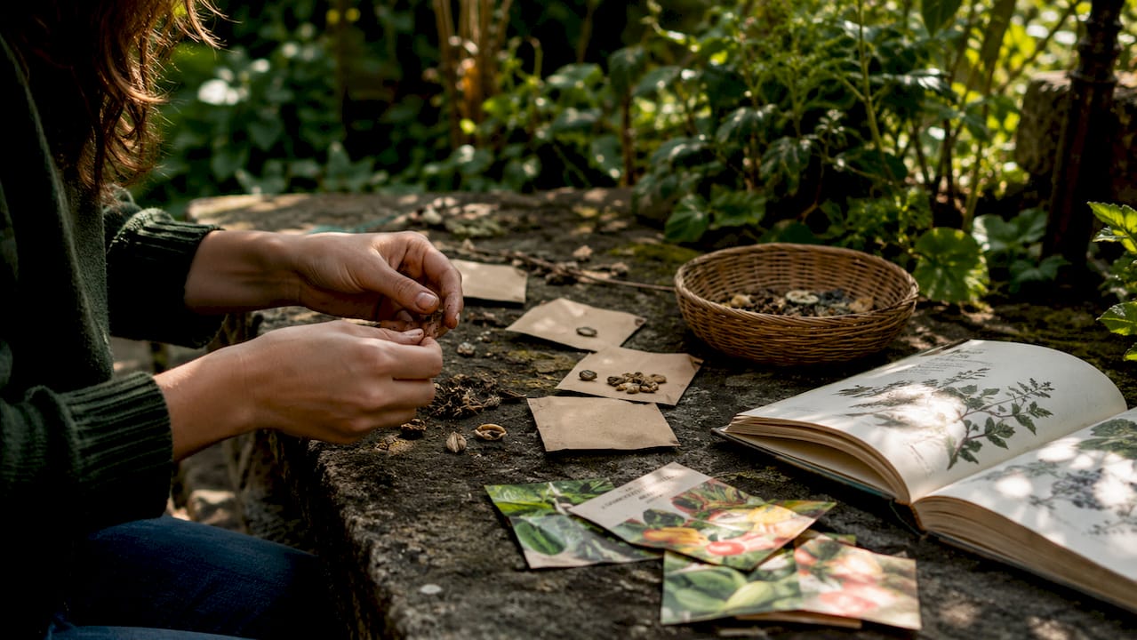 Hands sorting seeds into envelopes outdoors