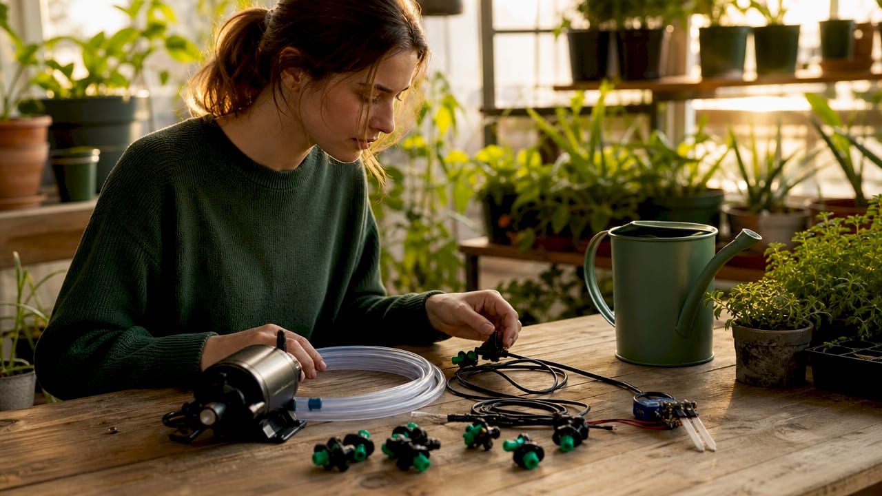 Close-up of indoor garden watering system components