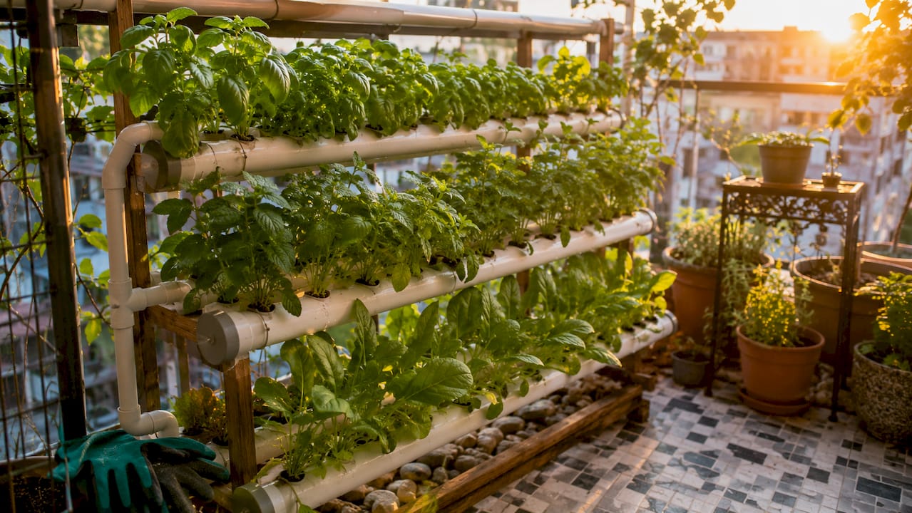 Close-up of leafy greens in vertical hydroponic system