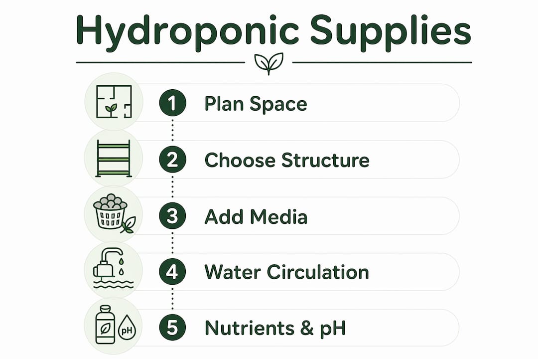 Infographic showing key categories of hydroponic supplies