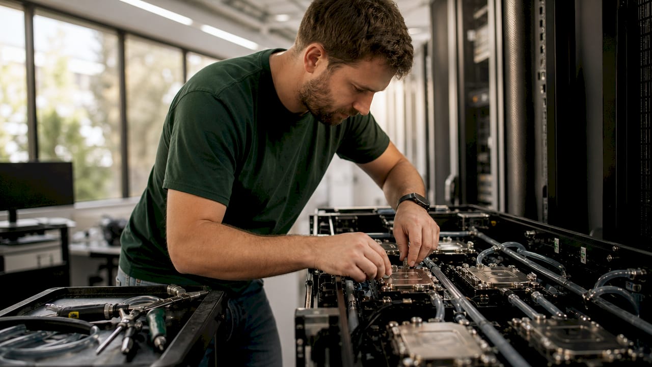 Technician installing liquid cooling on server CPUs