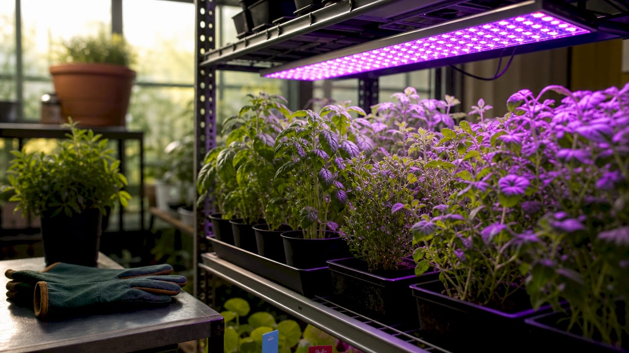 Purple-blurple LED light glowing on indoor herb plants