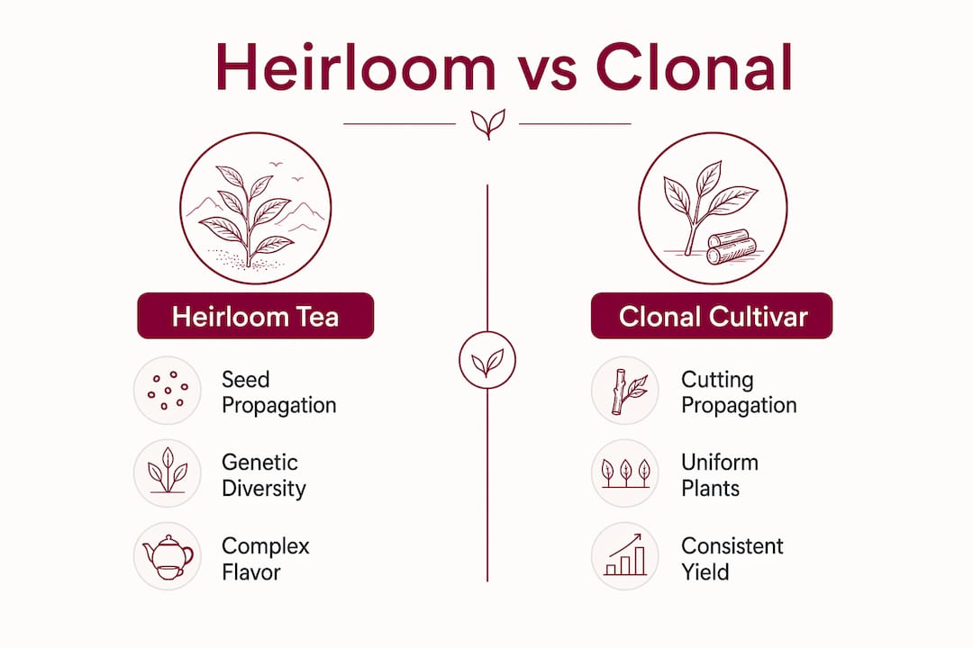 Infographic comparing heirloom tea and clonal cultivars