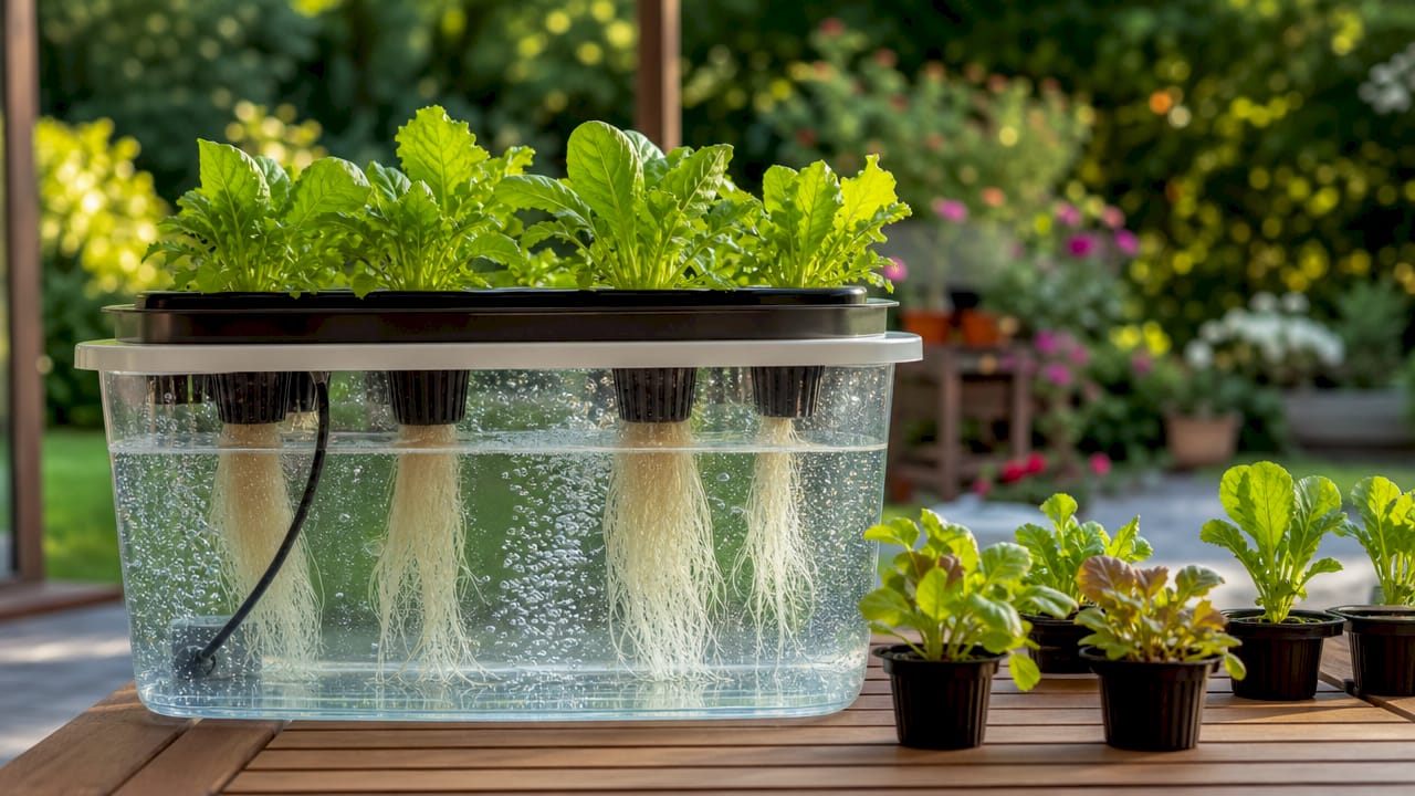 Close-up of hydroponic plant roots in reservoir