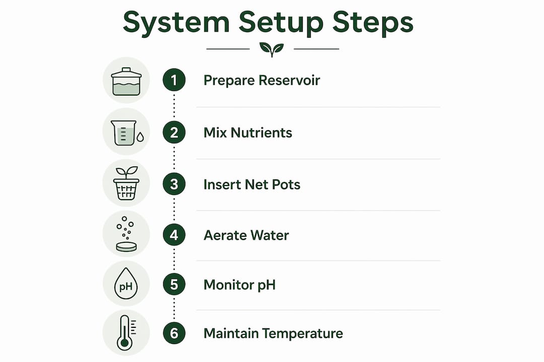 Infographic illustrating hydroponic system setup steps