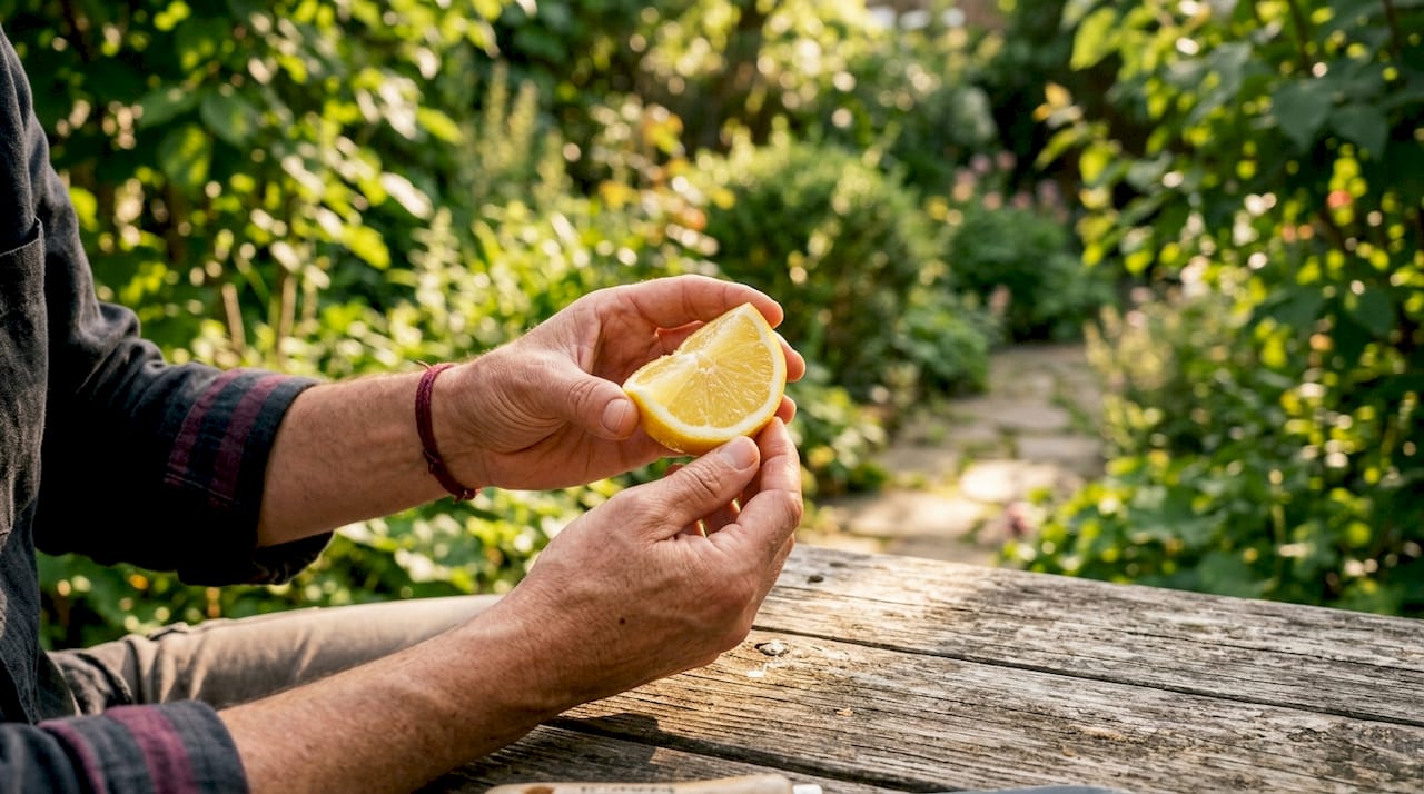 Hands holding fresh lemon wedge over sink