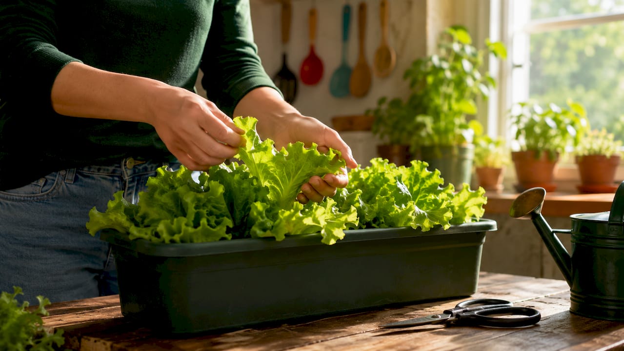 Harvesting lettuce leaves from kitchen windowsill container