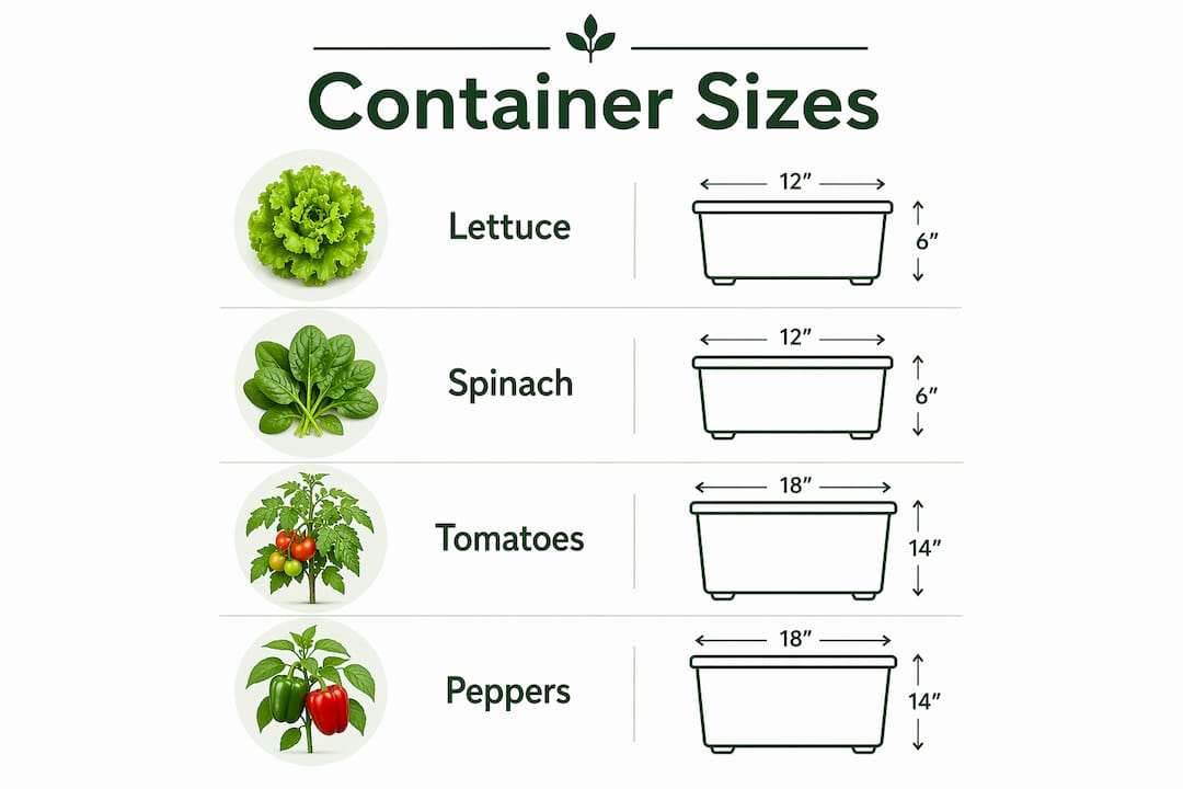 Infographic showing container sizes for indoor vegetables