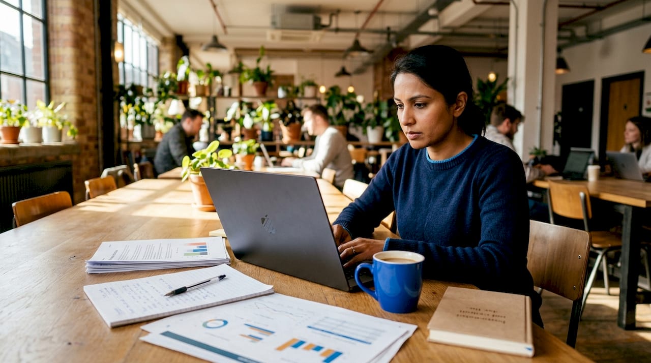 Woman working on social media strategy at desk