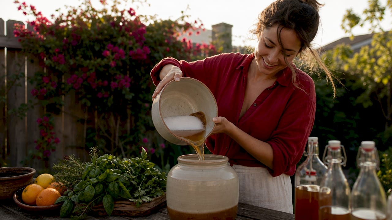 Hands stirring fermenting kombucha jar