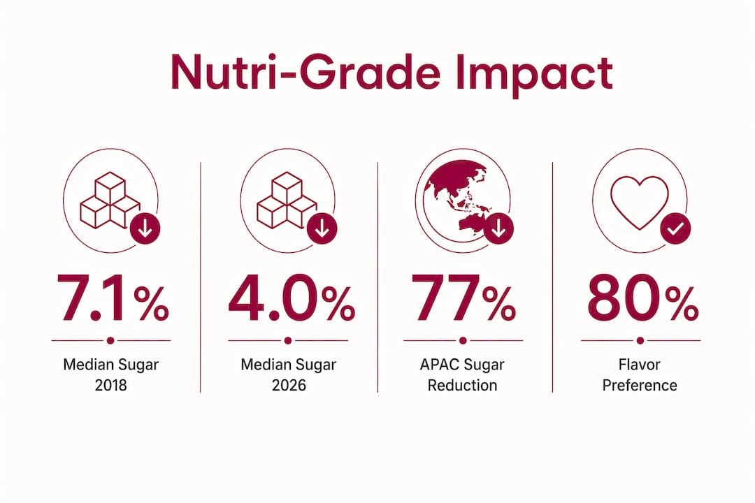 Infographic showing Nutri-Grade system sugar reduction stats