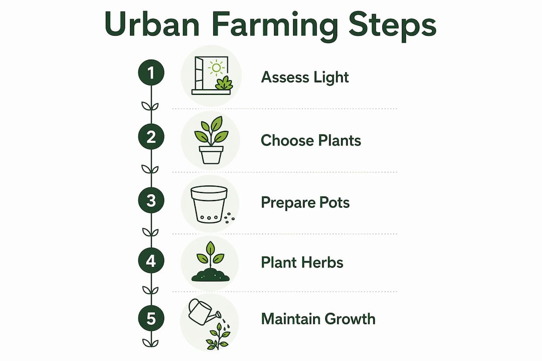 Infographic illustrating beginner urban farming steps in Singapore
