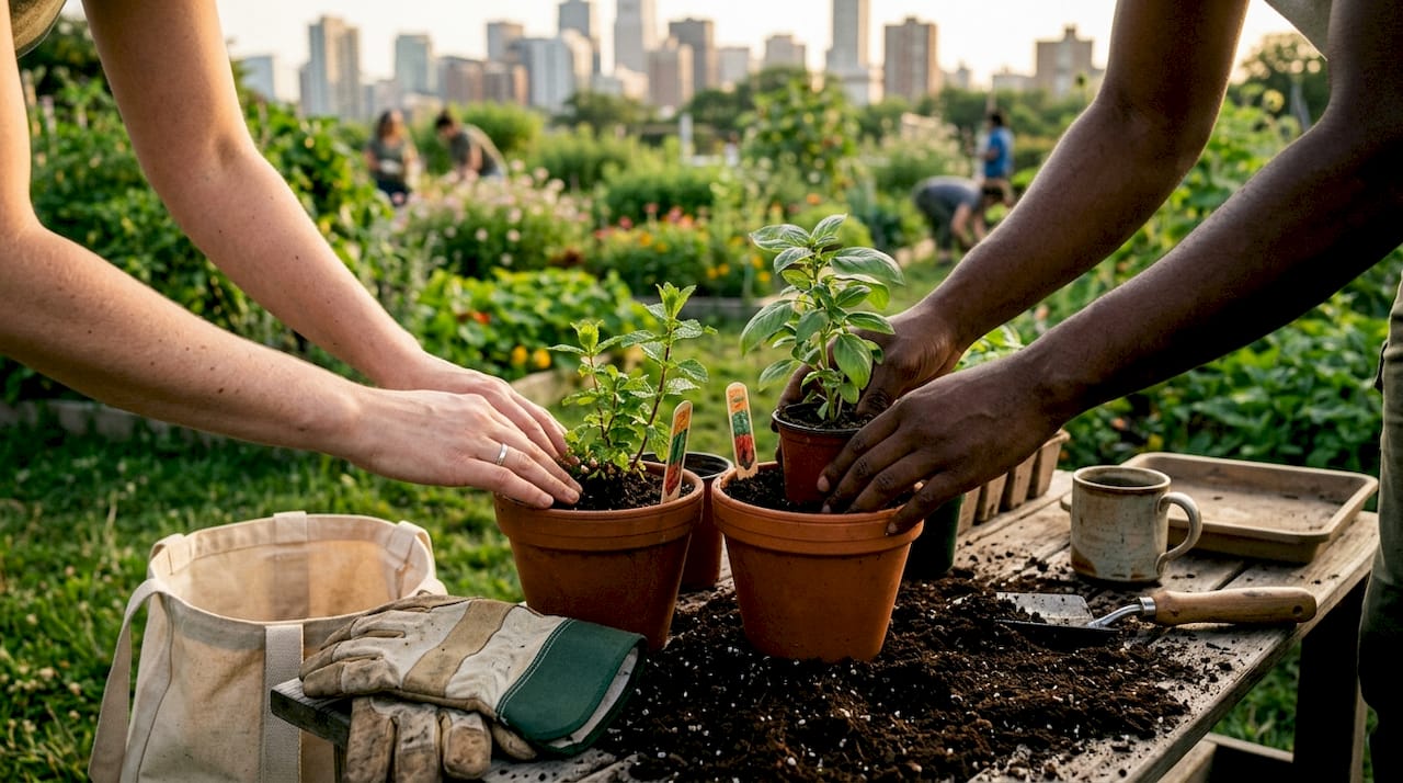 Hands arranging herb pots on balcony garden ledge
