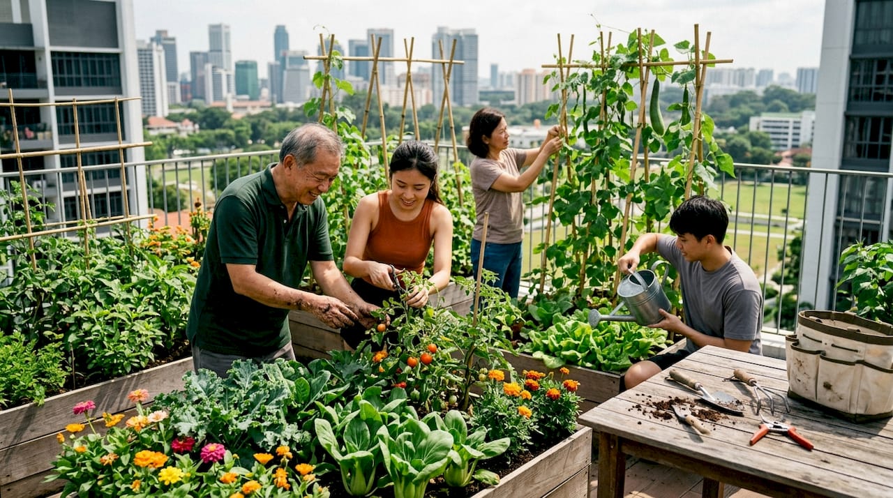 Group harvesting vegetables at rooftop garden