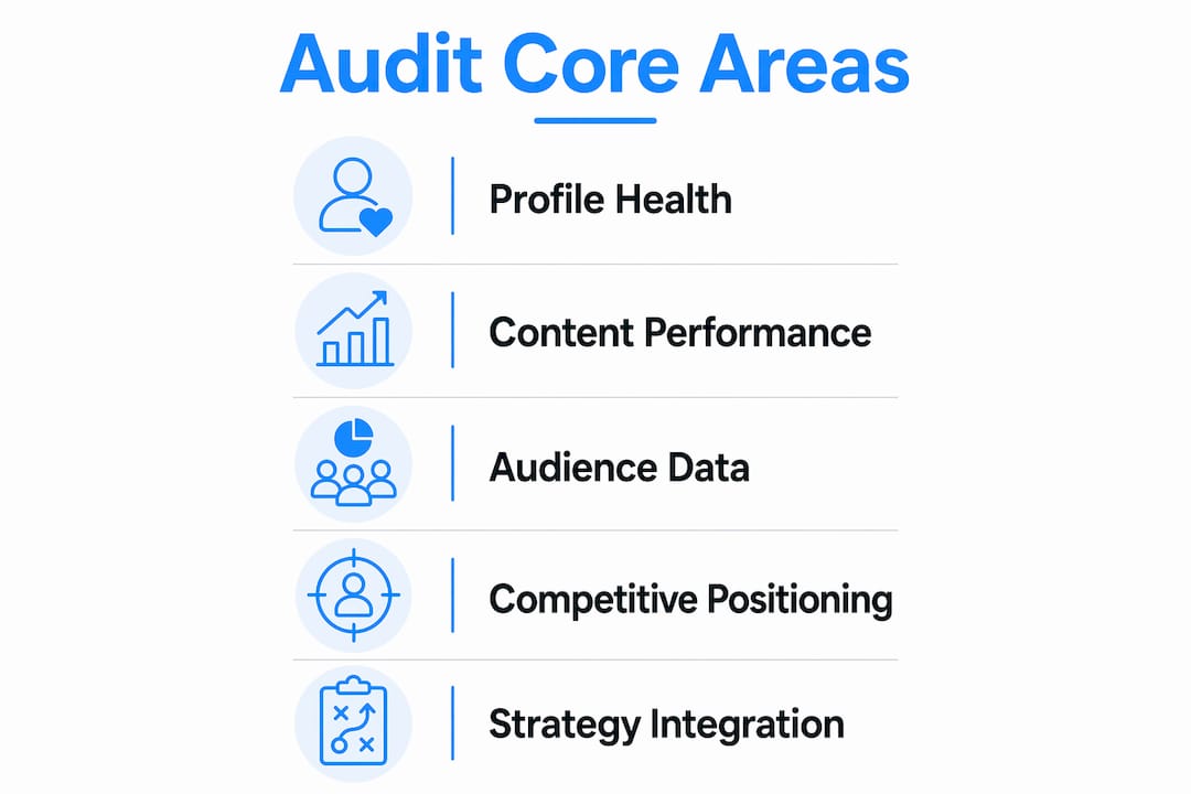 Infographic showing five core areas of social media audit