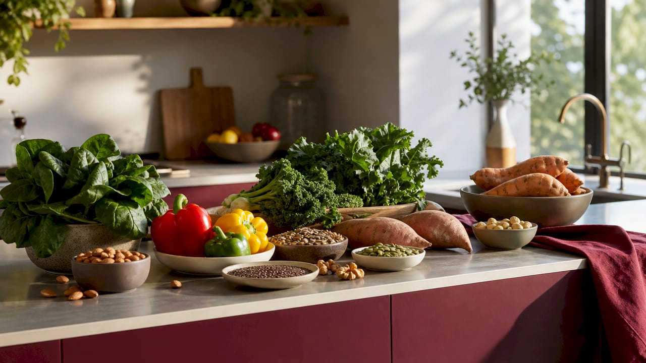 Overhead view of diverse plant-based fiber foods