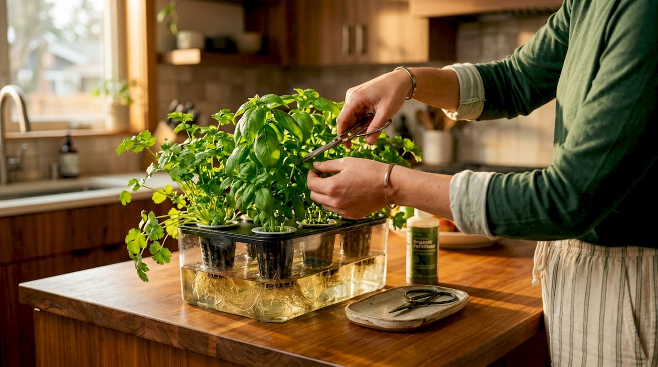 Hands adjusting home hydroponic herb system