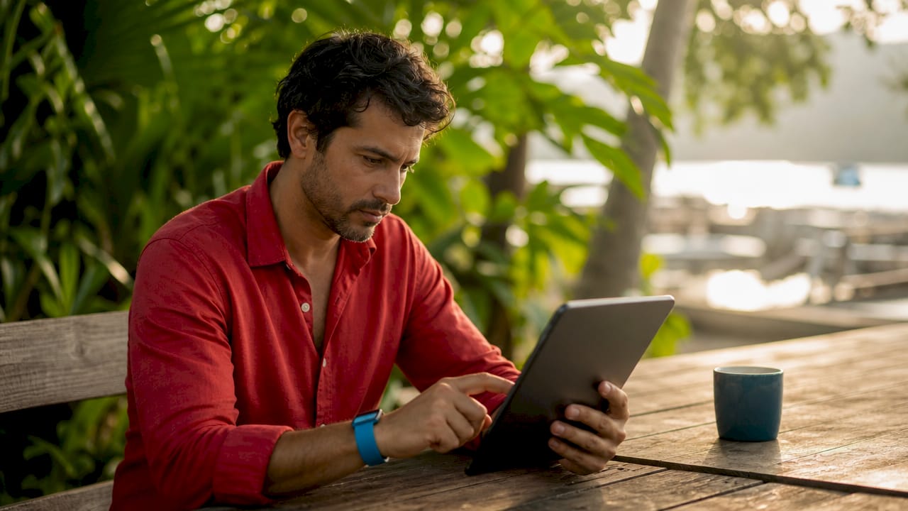 Person reviewing video analytics on tablet