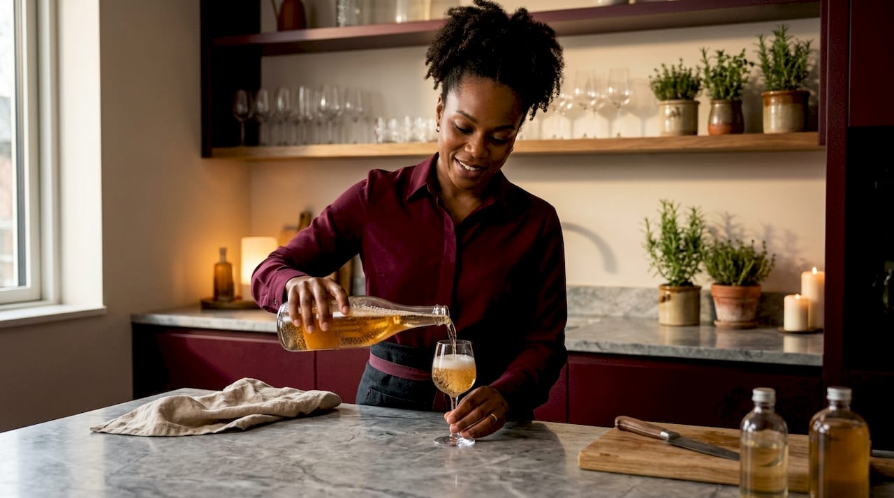 Close-up of hands pouring flavored beverage sample