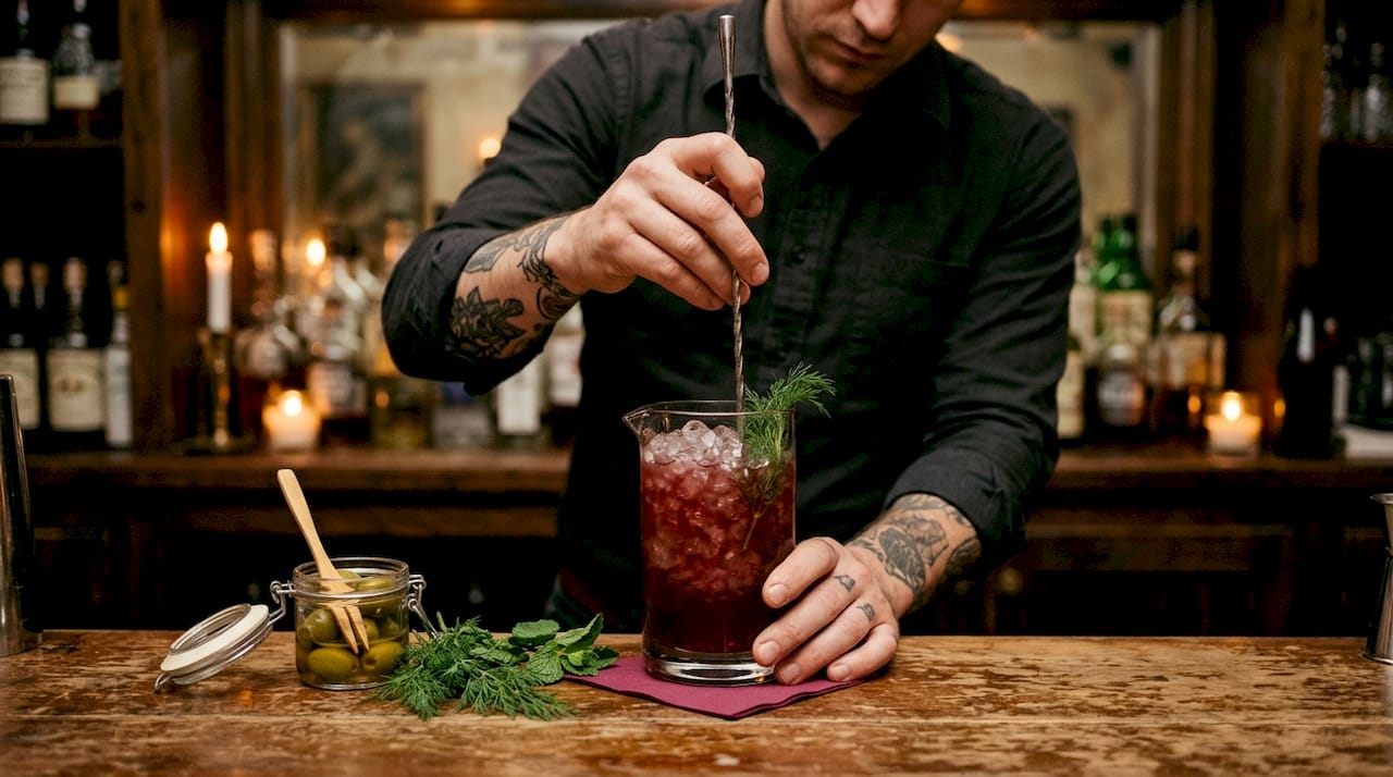Bartender pouring savory, tart cocktail over ice