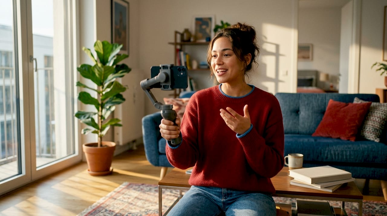 Content creator filming Instagram Reel at desk