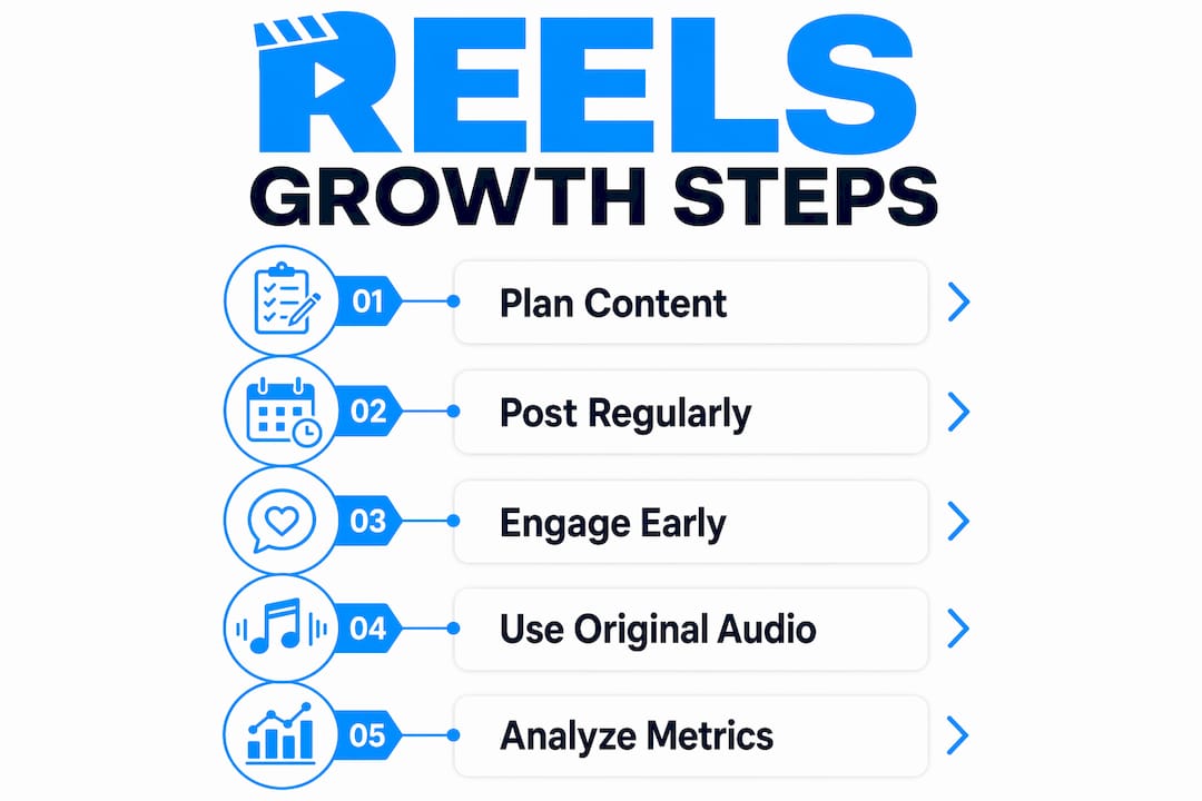 Infographic showing steps for growth using Reels