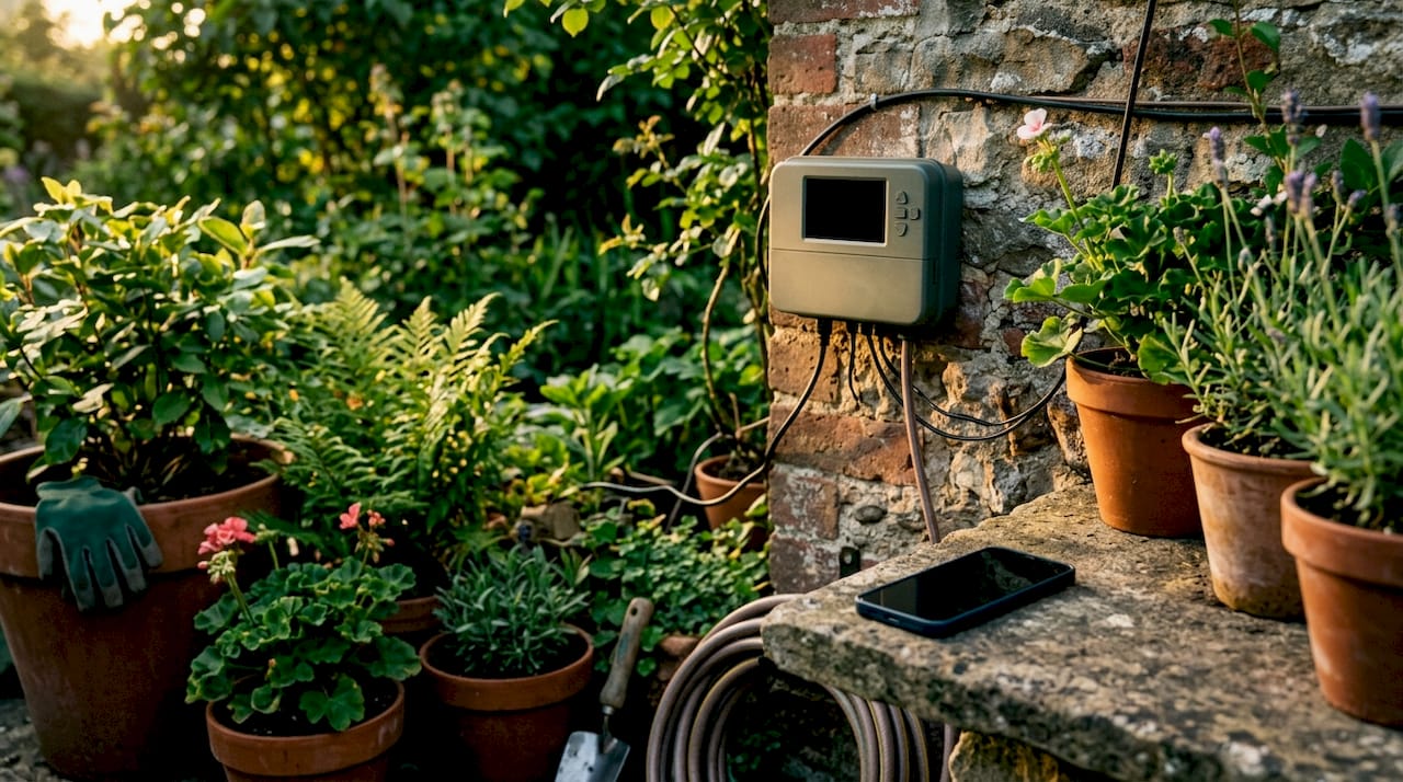Close-up of smart irrigation controller indoors near plants