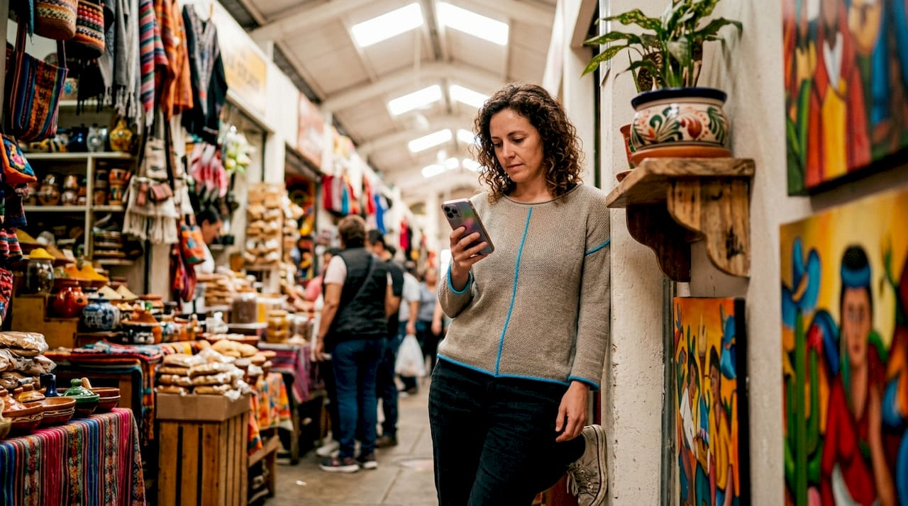 Local shop employee viewing Instagram Stories on phone