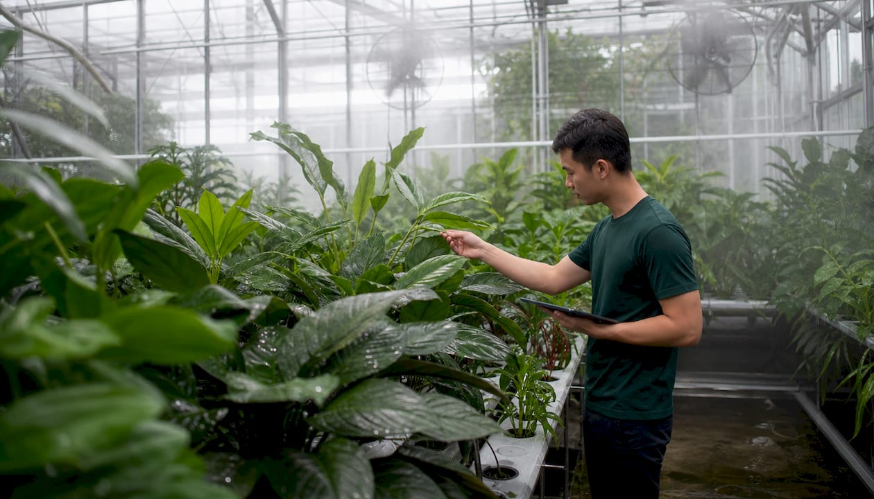Close-up of hydroponic leaves with moisture