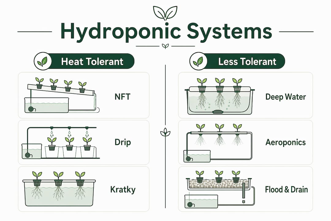 Infographic comparing hydroponic systems heat tolerance