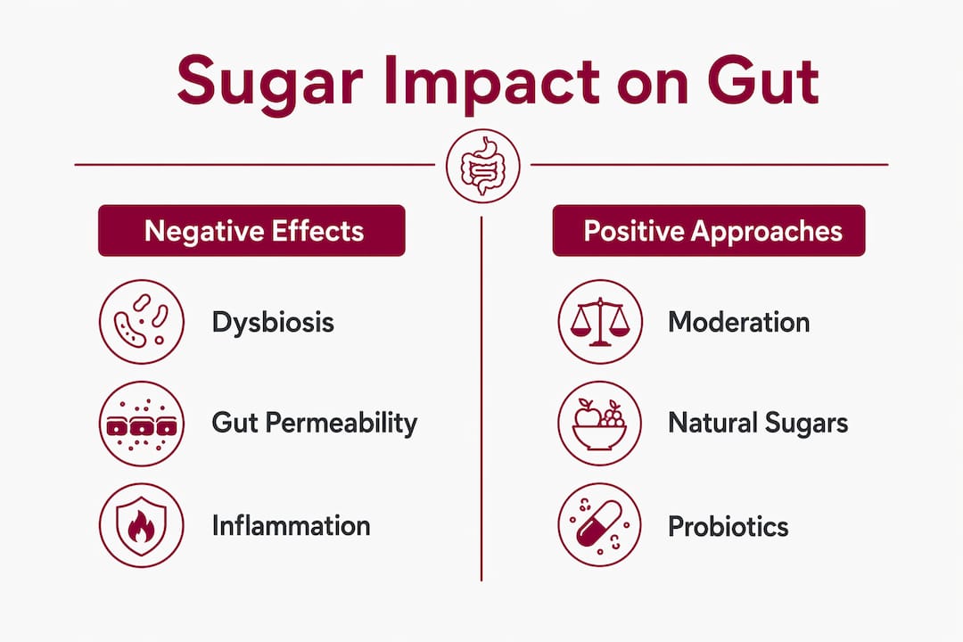 Infographic comparing sugar's negative effects and positive approaches on gut health
