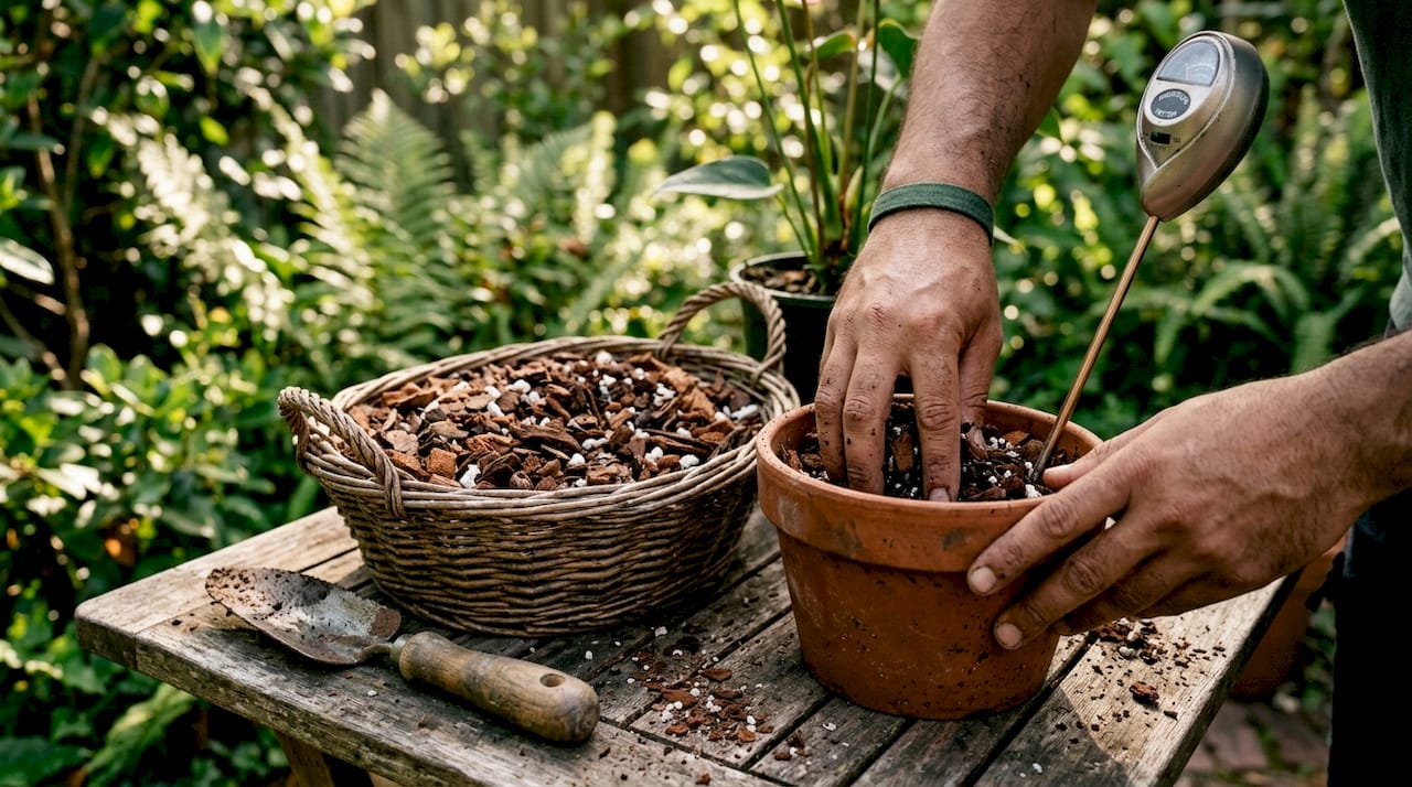 Hands mixing potting soil components for anthurium