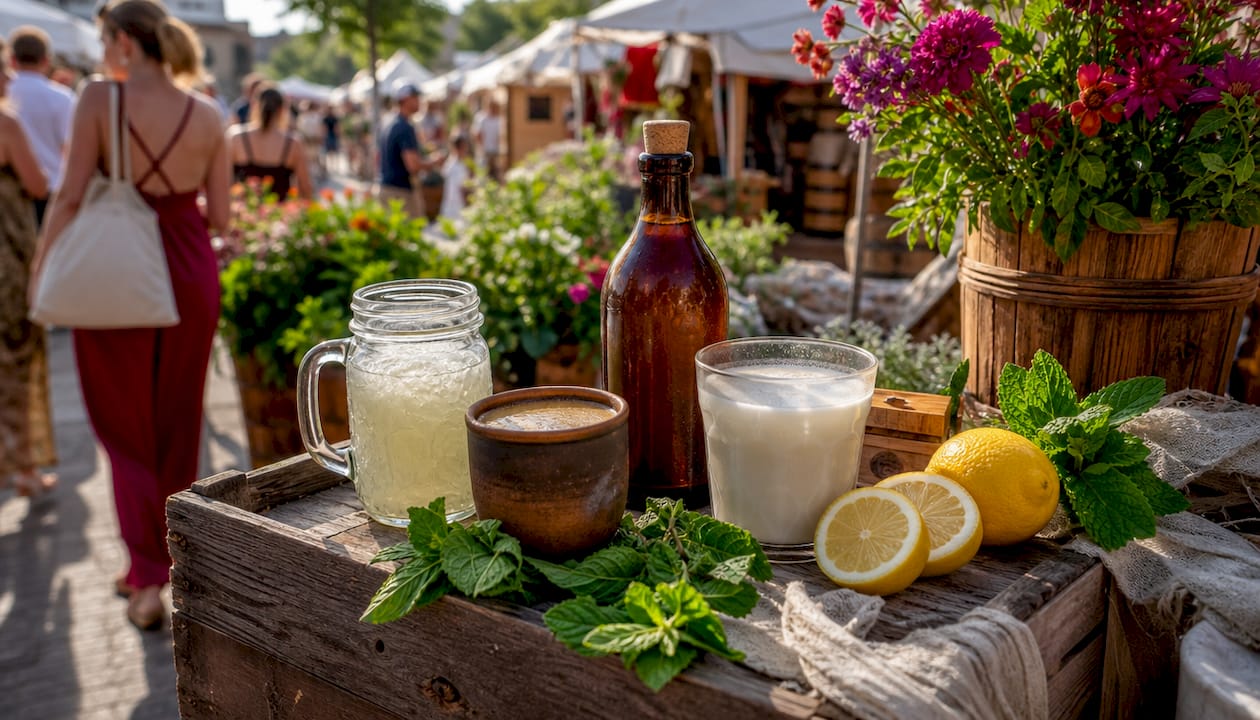 Variety of fermented drinks on table